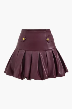 MICAS Skirts-Faux Leather Ruched Zipper High Waist Skirt MAROON