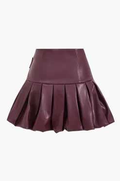 MICAS Skirts-Faux Leather Ruched Zipper High Waist Skirt MAROON