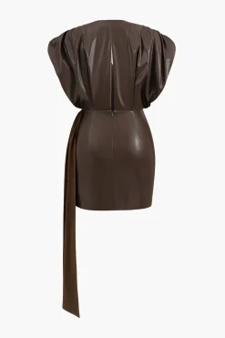 MICAS Mini Dresses-Faux Leather Ruched Zipper V-Neck Mini Dress BROWN