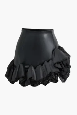 MICAS Skirts-Faux Leather Ruffle Mini Skirt BLACK