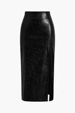 MICAS Skirts-Faux Leather Side Slit Skirt