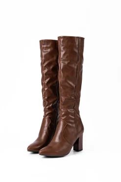 MICAS Shoes|Boots-Faux Leather Side Zipper Pointed Knee High Boots CHOCOLATE