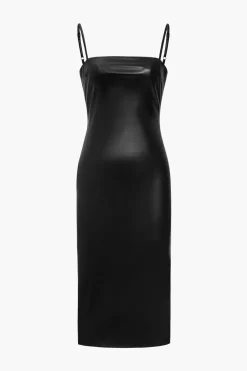 MICAS Midi Dresses-Faux Leather Slip Lace Up Midi Dress BLACK