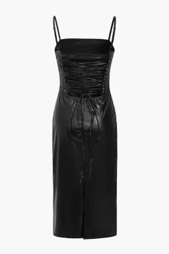 MICAS Midi Dresses-Faux Leather Slip Lace Up Midi Dress BLACK