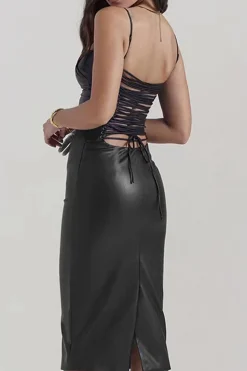 MICAS Midi Dresses-Faux Leather Slip Lace Up Midi Dress BLACK