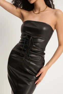 MICAS Midi Dresses-Faux Leather Strapless Drawstring Split Midi Dress BLACK