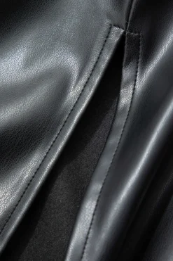 MICAS Midi Dresses-Faux Leather Strapless Drawstring Split Midi Dress BLACK