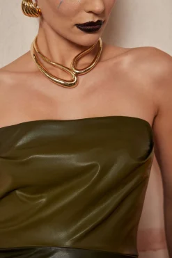 MICAS Mini Dresses-Faux Leather Strapless Mini Dress MILITARY