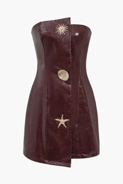 MICAS Mini Dresses-Faux Leather Strapless Mini Dress With Shell Embellishments