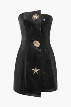 MICAS Mini Dresses-Faux Leather Strapless Mini Dress With Shell Embellishments