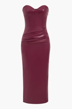 MICAS Maxi Dresses-Faux Leather Strapless Tie Back Sleeveless Maxi Dress BURGUNDY