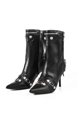 MICAS Shoes|Boots-Faux Leather Studded Pointed Toe Ankle Boots BLACK