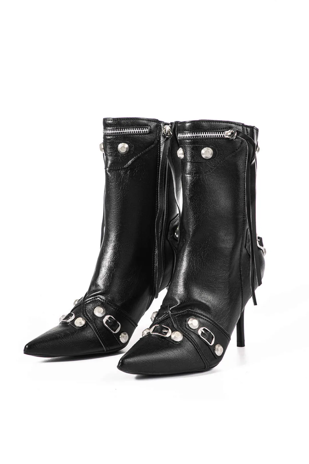 MICAS Shoes|Boots-Faux Leather Studded Pointed Toe Ankle Boots BLACK