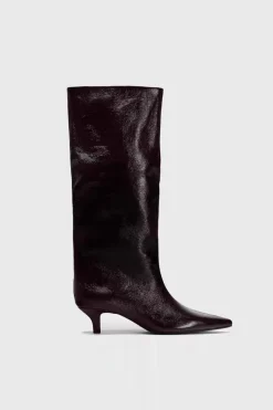 MICAS Shoes|Boots-Faux Leather Textured Pointed Toe Knee High Boots MAROON