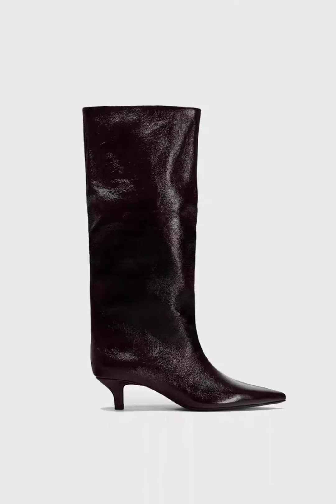 MICAS Shoes|Boots-Faux Leather Textured Pointed Toe Knee High Boots MAROON