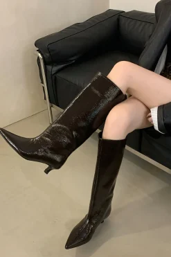 MICAS Shoes|Boots-Faux Leather Textured Pointed Toe Knee High Boots MAROON