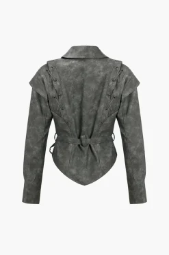 MICAS Outerwear|Outerwear-Faux Leather Tie Front Crossed Button Jacket