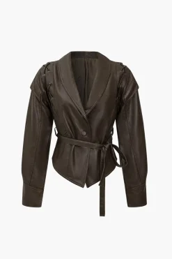 MICAS Outerwear|Outerwear-Faux Leather Tie Front Crossed Button Jacket