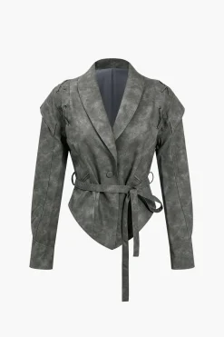 MICAS Outerwear|Outerwear-Faux Leather Tie Front Crossed Button Jacket