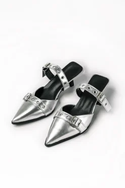 MICAS Shoes|Shoes-Faux Leather Tie-Up Pointed Toe Mid Heel Sandals SILVER