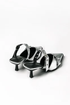 MICAS Shoes|Shoes-Faux Leather Tie-Up Pointed Toe Mid Heel Sandals SILVER