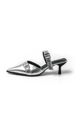 MICAS Shoes|Shoes-Faux Leather Tie-Up Pointed Toe Mid Heel Sandals SILVER