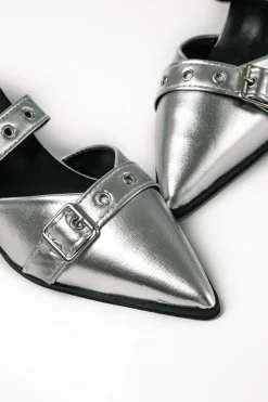 MICAS Shoes|Shoes-Faux Leather Tie-Up Pointed Toe Mid Heel Sandals SILVER