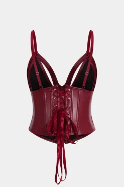 MICAS Lingerie & Sleepwear-Faux Leather Tie-Up Ribbon Shapewear BURGUNDY