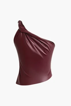 MICAS Tank Tops & Cami-Faux Leather Twist One-Shoulder Tank Top BURGUNDY