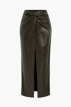 MICAS Skirts-Faux Leather Twist Slit Skirt
