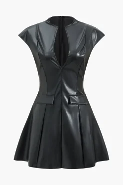 MICAS Mini Dresses-Faux Leather V-Neck Mini Dress With Fake Pockets BLACK