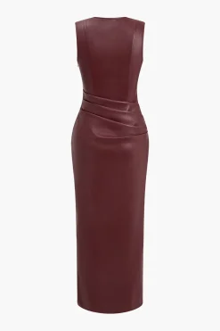 MICAS Maxi Dresses-Faux Leather V-neck Ruched Maxi Dress