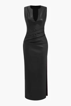 MICAS Maxi Dresses-Faux Leather V-neck Ruched Maxi Dress