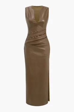 MICAS Maxi Dresses-Faux Leather V-neck Ruched Maxi Dress