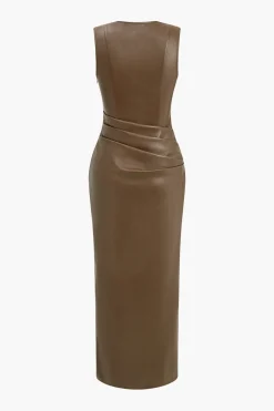 MICAS Maxi Dresses-Faux Leather V-neck Ruched Maxi Dress