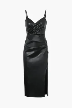 MICAS Midi Dresses-Faux Leather V-Neck Ruched Slit Midi Dress BLACK