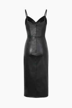 MICAS Midi Dresses-Faux Leather V-Neck Ruched Slit Midi Dress BLACK