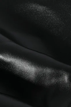 MICAS Midi Dresses-Faux Leather V-Neck Ruched Slit Midi Dress BLACK