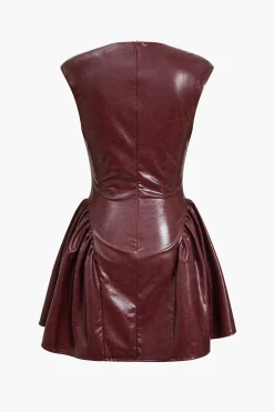 MICAS Mini Dresses-Faux Leather V-neck Ruched Mini Dress