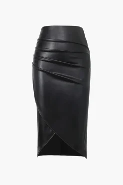 MICAS Skirts-Faux Leather Wrap Ruched Midi Skirt