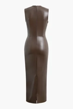 MICAS Midi Dresses-Faux Leather Wrap Sleeveless Ruched Slit Midi Dress