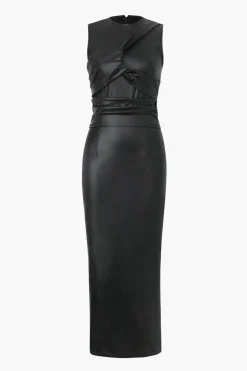 MICAS Midi Dresses-Faux Leather Wrap Sleeveless Ruched Slit Midi Dress
