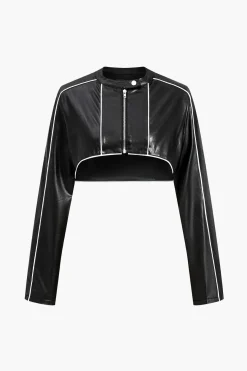 MICAS Outerwear|Outerwear-Faux Leather Zipper Detail Contrast Binding Jacket BLACK