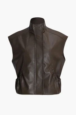 MICAS Outerwear|Outerwear-Faux Leather Zipper Detail Pocket Vest BROWN