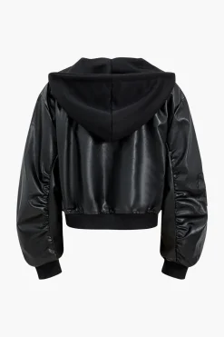 MICAS Outerwear|Outerwear-Faux Leather Zipper Hooded Pocket Long-Sleeve Jacket BLACK
