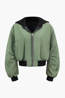 MICAS Outerwear|Outerwear-Faux Leather Zipper Hooded Pocket Long-Sleeve Jacket BLACK