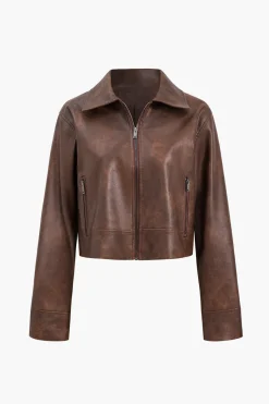 MICAS Outerwear|Outerwear-Faux Leather Zipper Long Sleeve Jacket CHOCOLATE