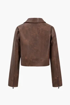 MICAS Outerwear|Outerwear-Faux Leather Zipper Long Sleeve Jacket CHOCOLATE