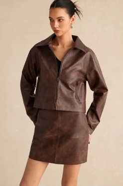 MICAS Outerwear|Outerwear-Faux Leather Zipper Long Sleeve Jacket CHOCOLATE