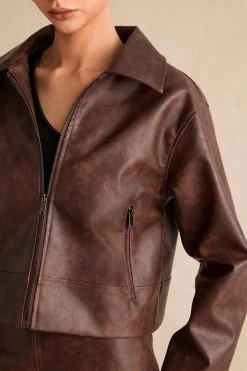 MICAS Outerwear|Outerwear-Faux Leather Zipper Long Sleeve Jacket CHOCOLATE